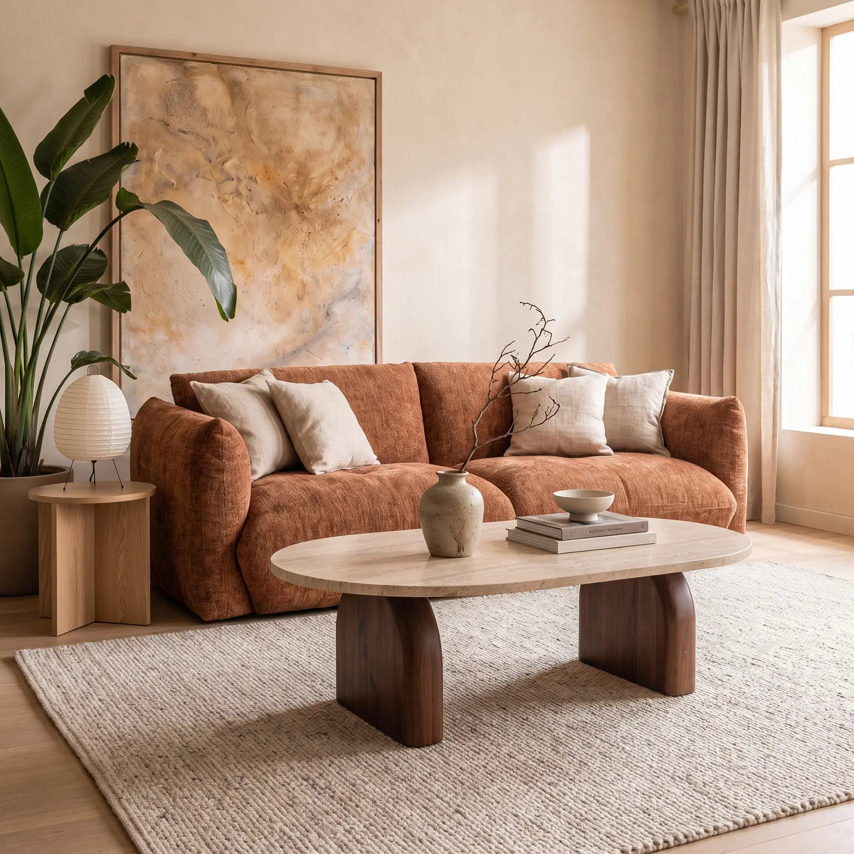 Table basse Japandi effet travertin beige et pieds en acacia 100 x 60 cm - Lipali