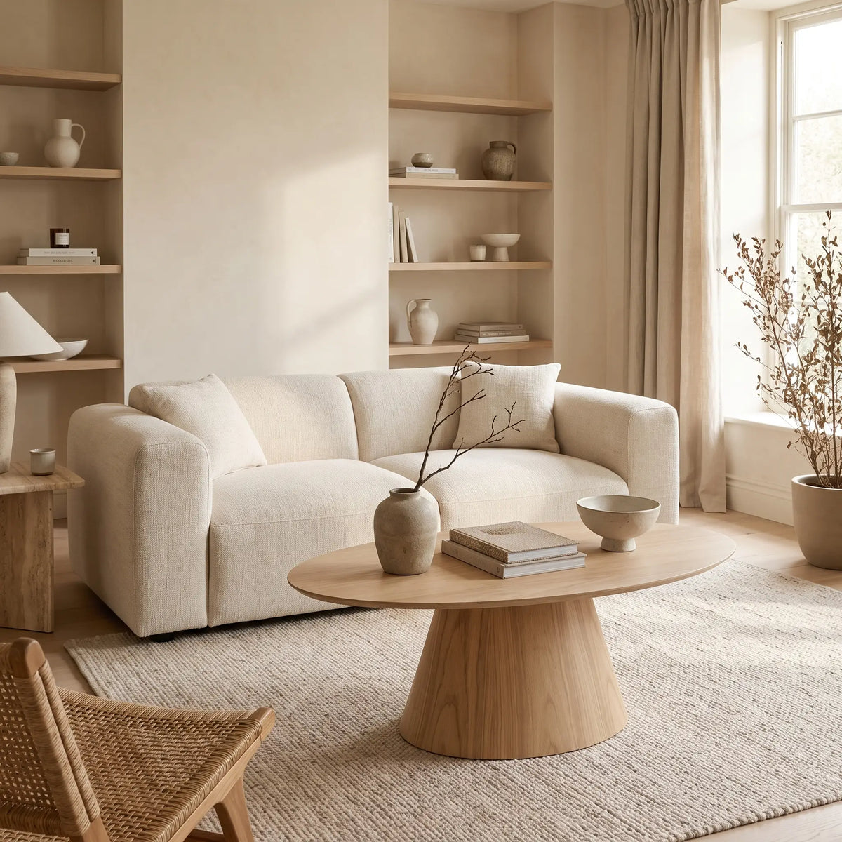Table basse Japandi ovale en placage de chêne naturel clair 120 x 60 cm - Antelada