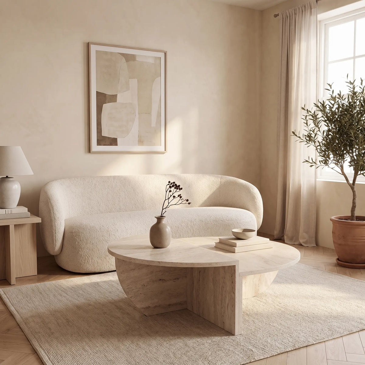 Lot de 2 tables basses Japandi asymétriques effet travertin beige 90 x 60 cm - Aloeva