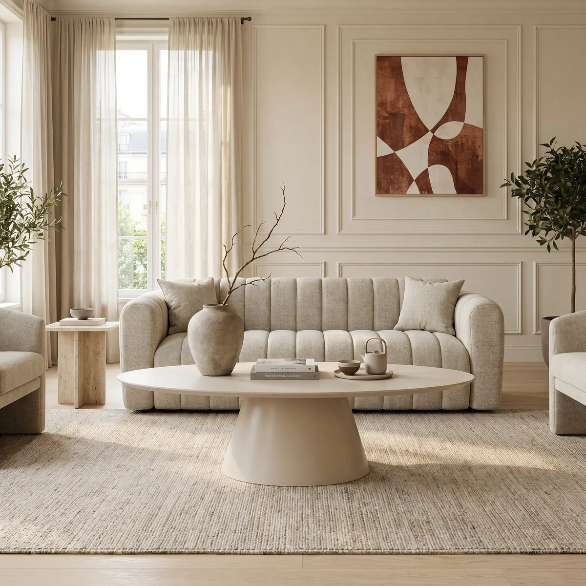 Table basse Japandi ovale en MDF laqué beige mat 120 x 60 cm - Antelada
