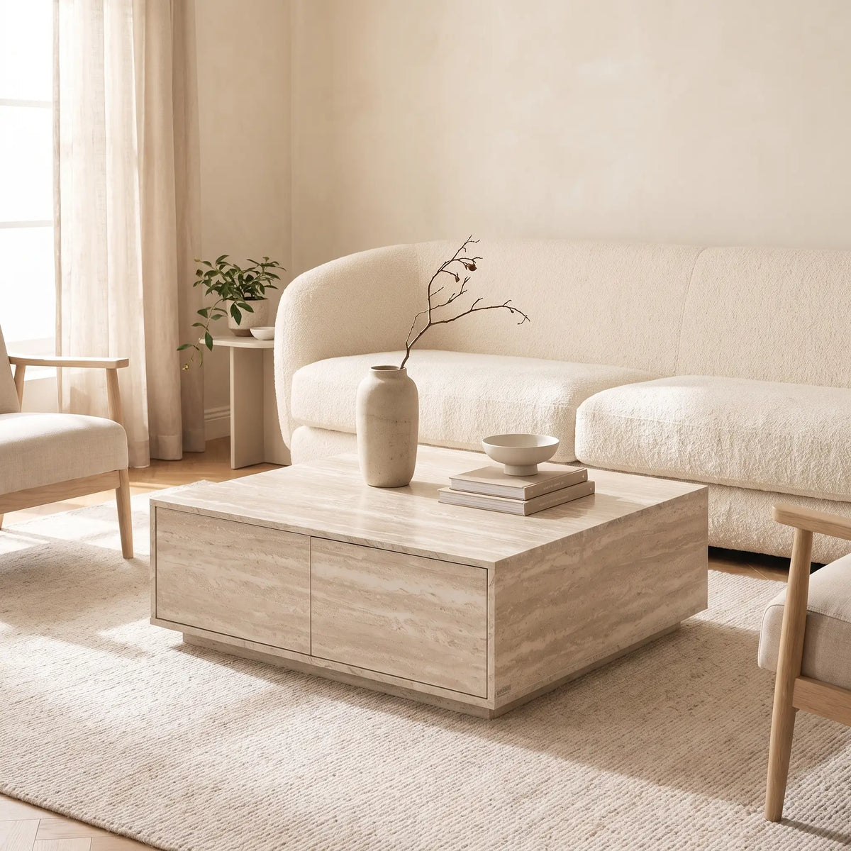Table basse Japandi carrée avec 2 tiroirs en MDF effet travertin beige 90 x 90 cm - Antrim