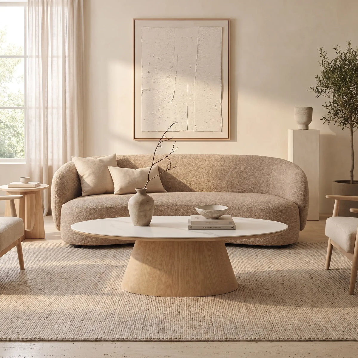 Table basse Japandi ovale en céramique effet marbre blanc et chêne 120 x 60 cm - Antelada