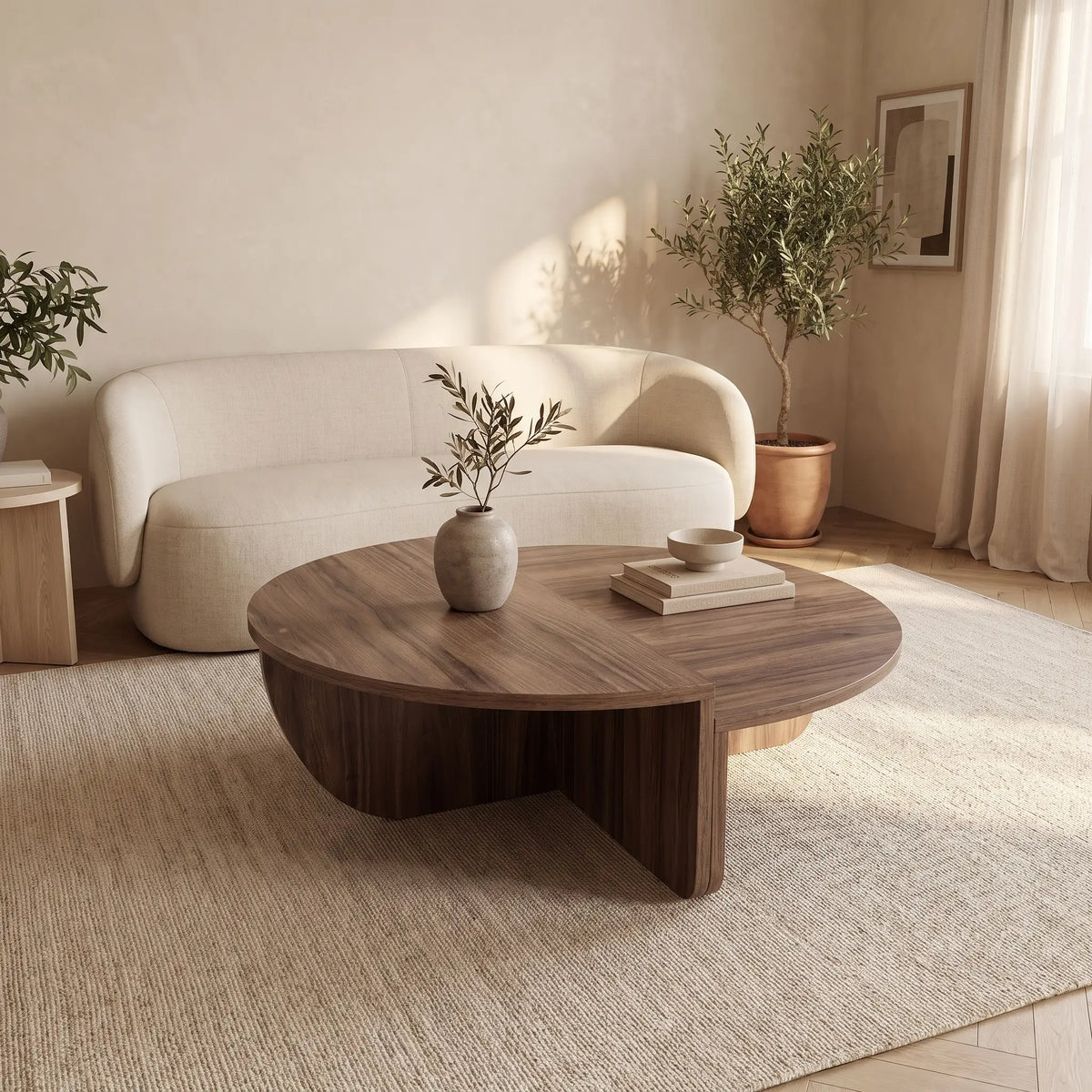 Lot de 2 tables basses Japandi modulables demi-lune mélaminé naturel foncé 90 x 60 cm - Aloeva