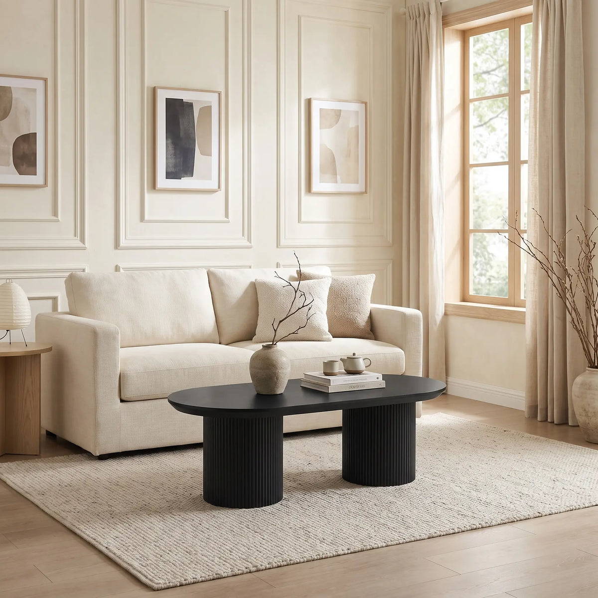 Table basse Japandi ovale en MDF laqué mat noir 120 x 60 cm - Lorimila