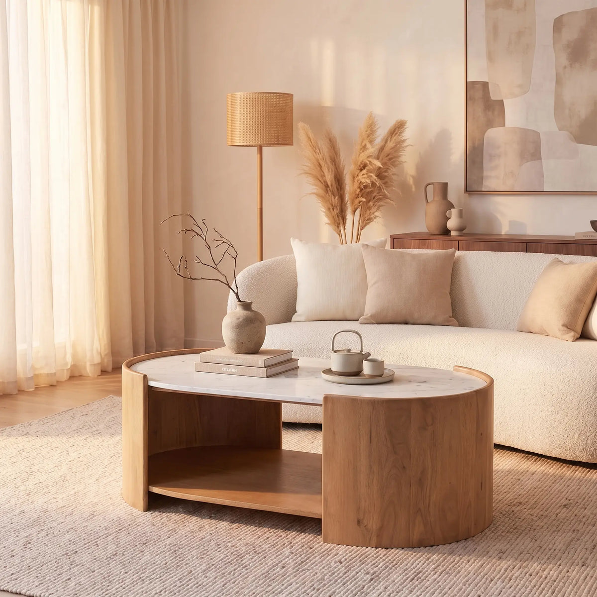 Table basse Japandi ovale avec niche en bois de manguier et marbre blanc 110 x 60 cm - Islara