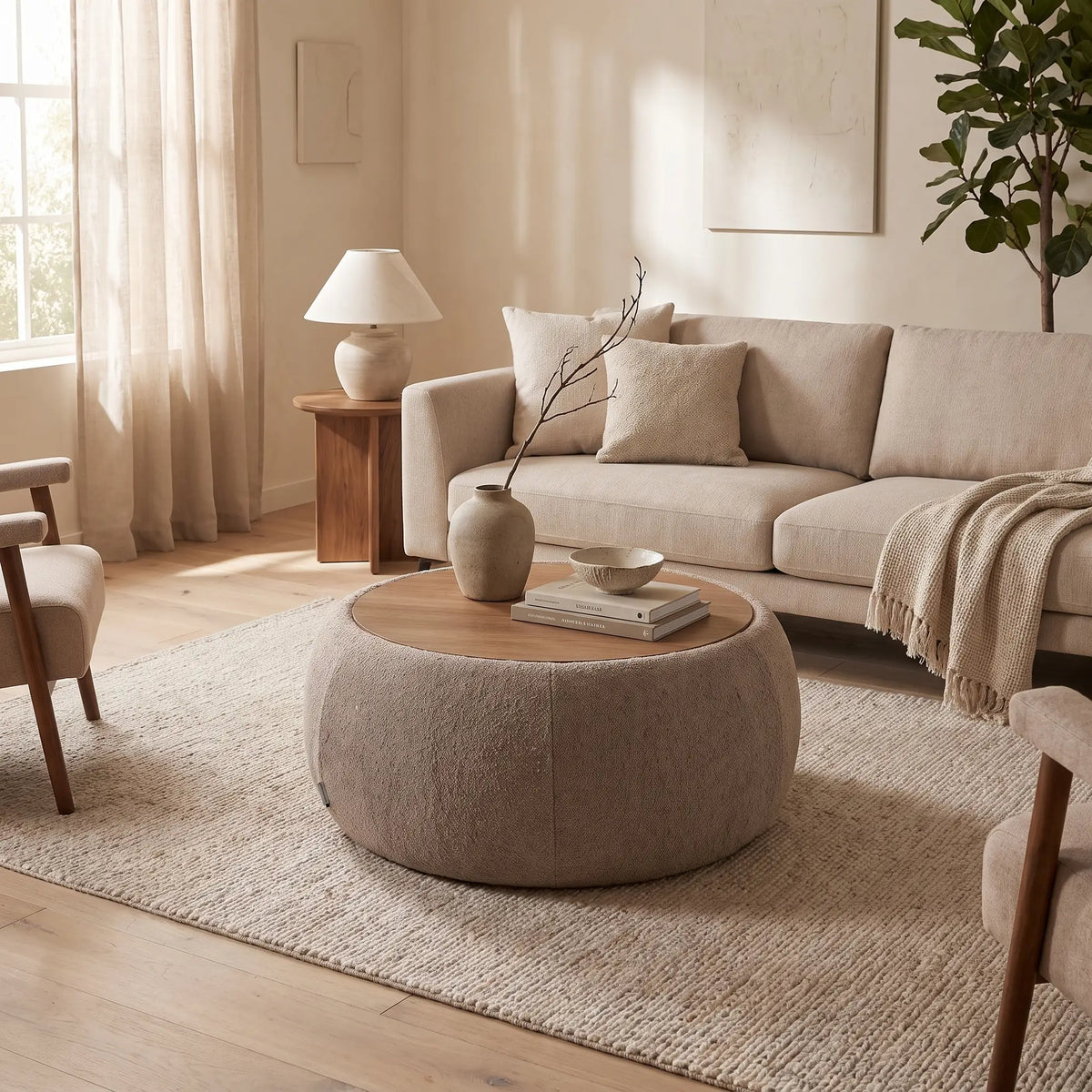 Table basse Japandi ronde avec coffre de rangement en tissu bouclette taupe Ø 85 cm - Sorieli