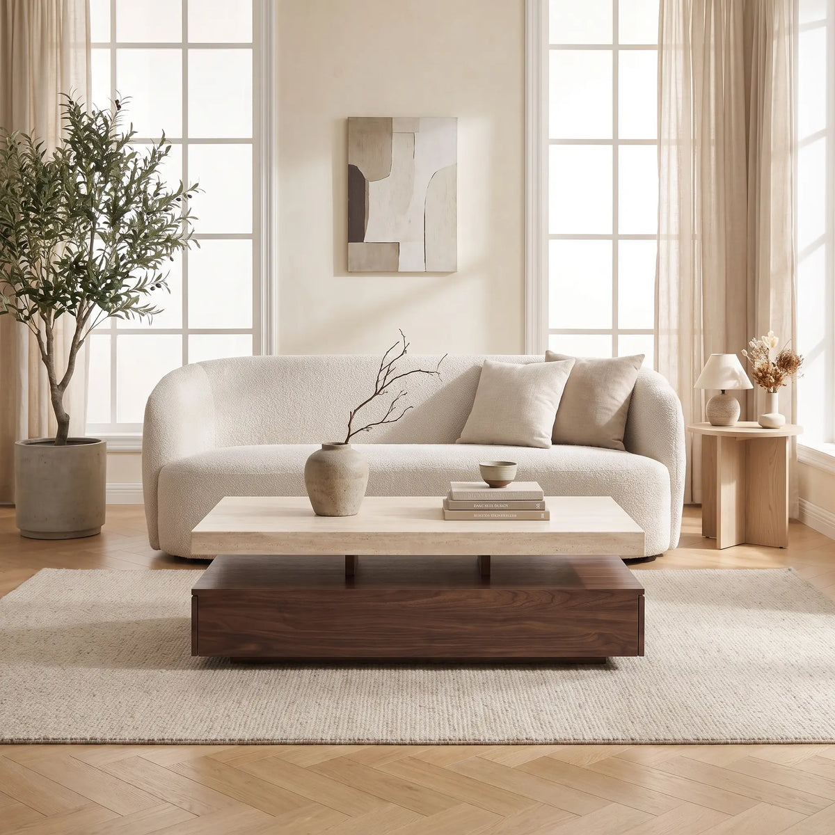 Table basse Japandi avec 2 tiroirs en MDF effet travertin et naturel foncé 120 x 60 cm - Felix
