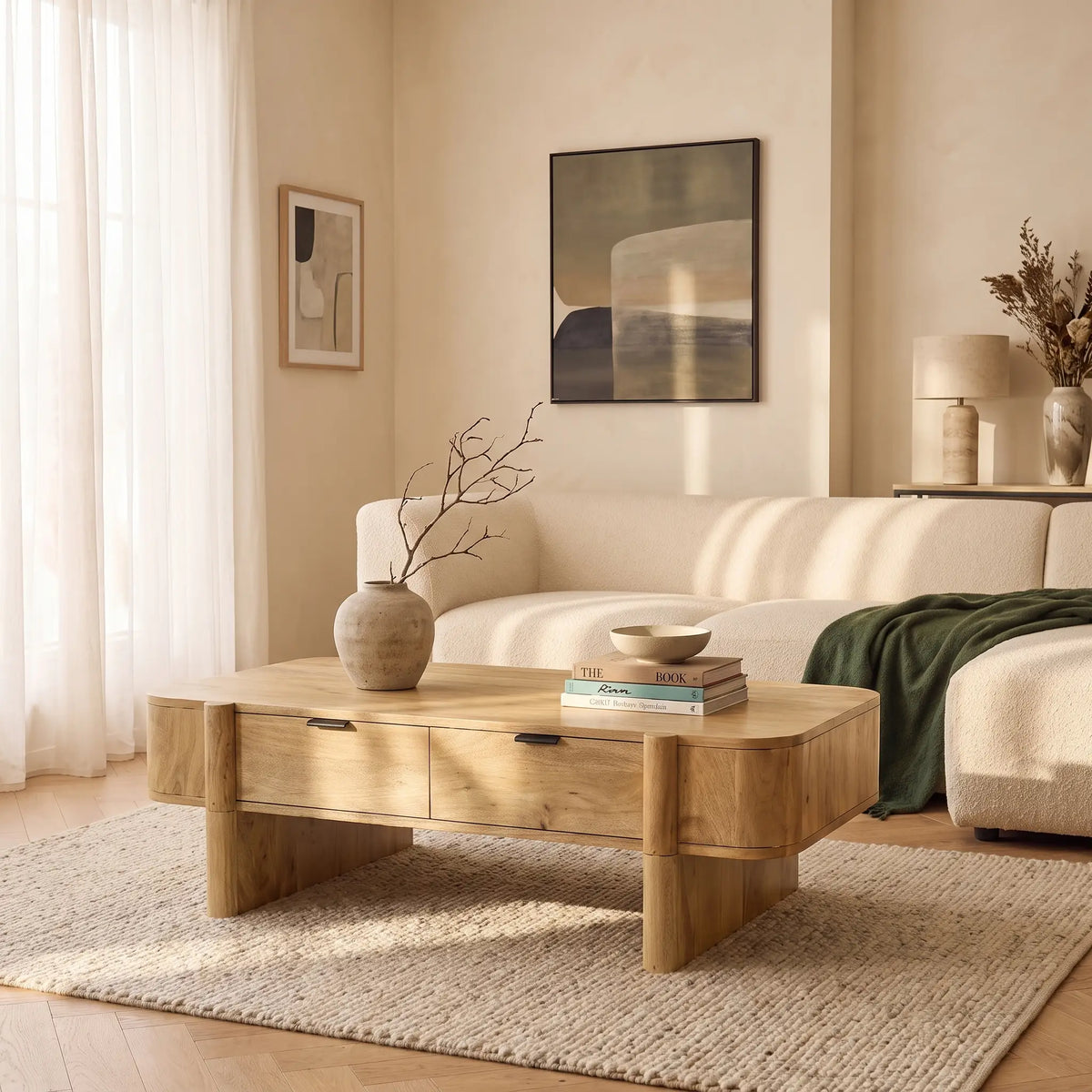 Table basse Japandi avec 2 tiroirs en bois de manguier naturel clair 120 x 70 cm - Melyran