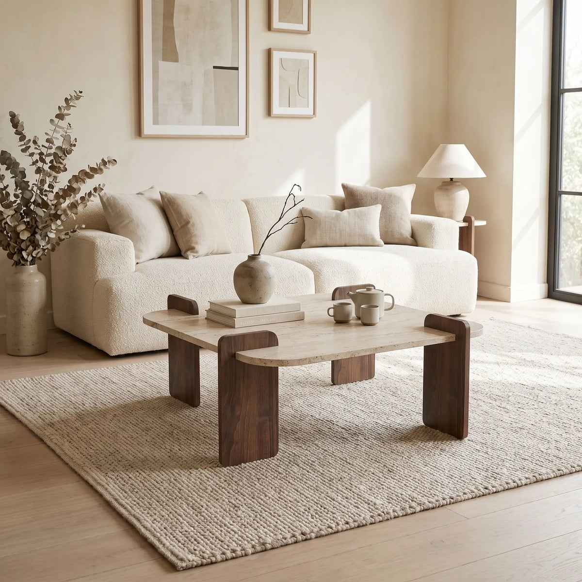 Table basse Japandi carrée à bords arrondis effet travertin et noyer 90 x 90 cm - Origin