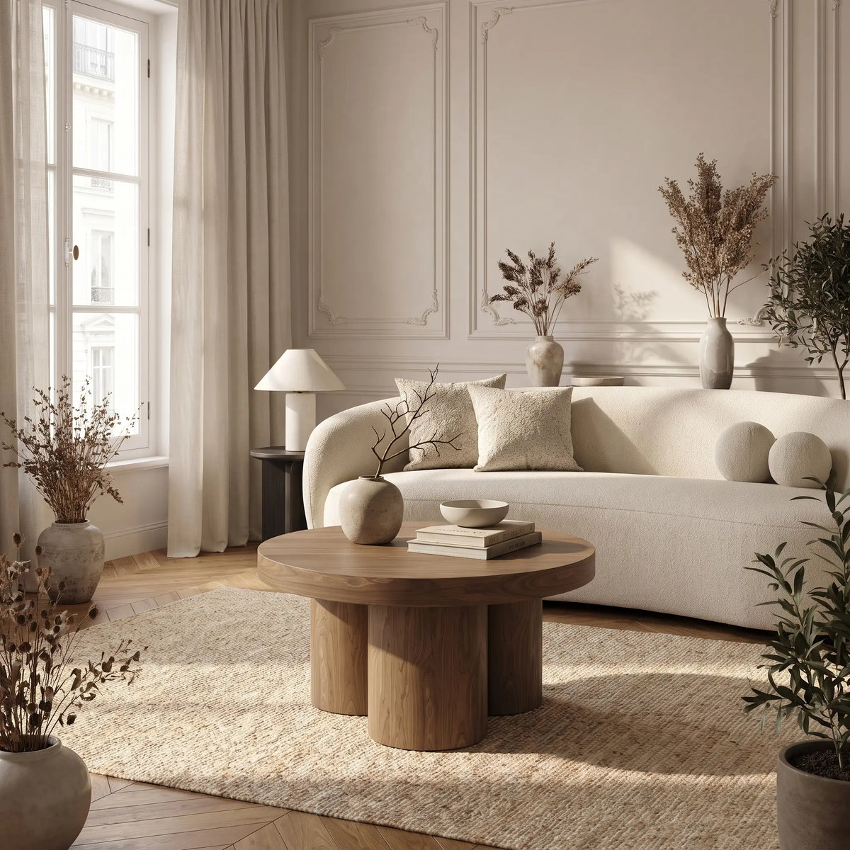 Table basse Japandi ronde en contreplaqué noyer clair Ø 70 cm - Nari