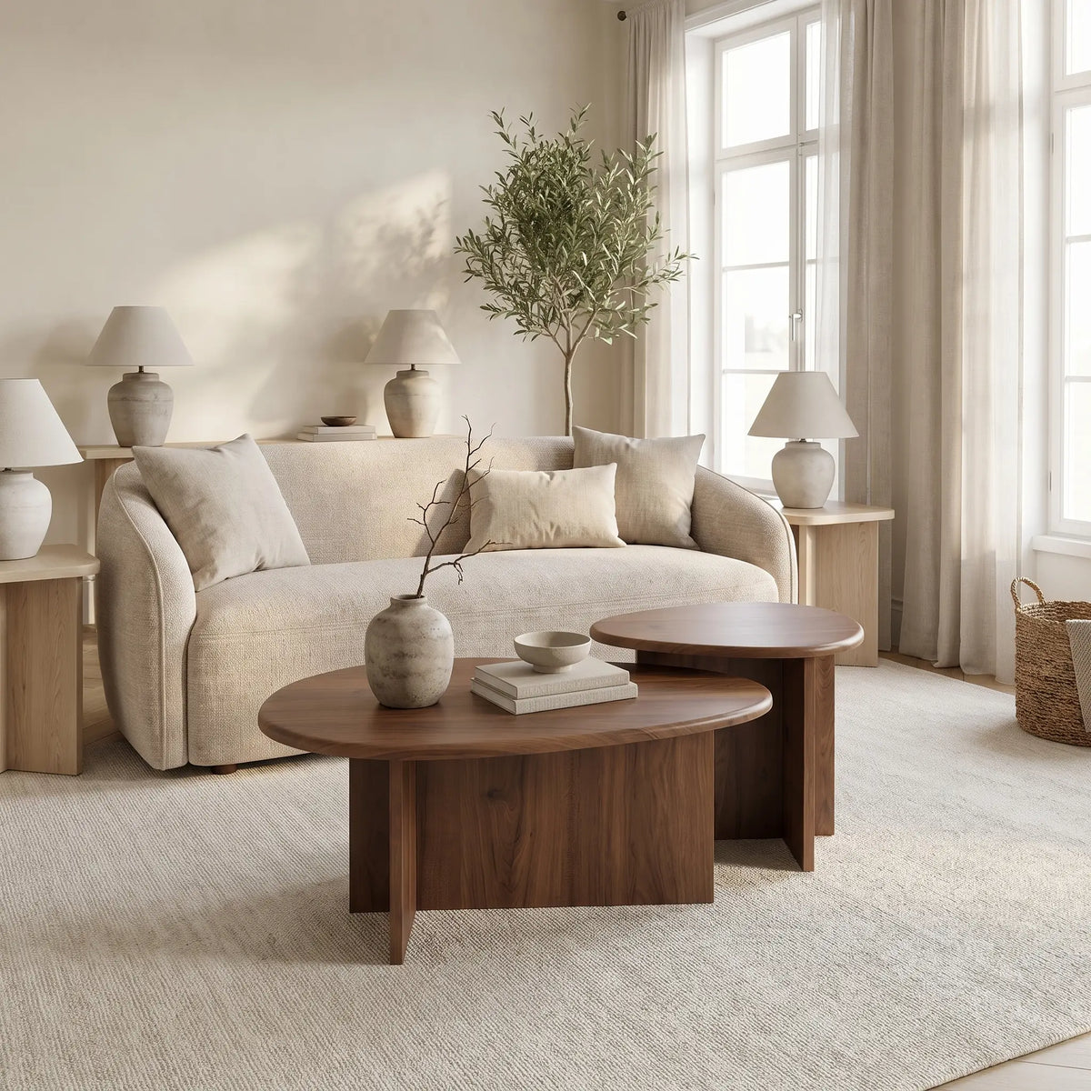 Lot de 2 tables basses Japandi gigognes en placage noyer 75 x 50 cm - Cedra