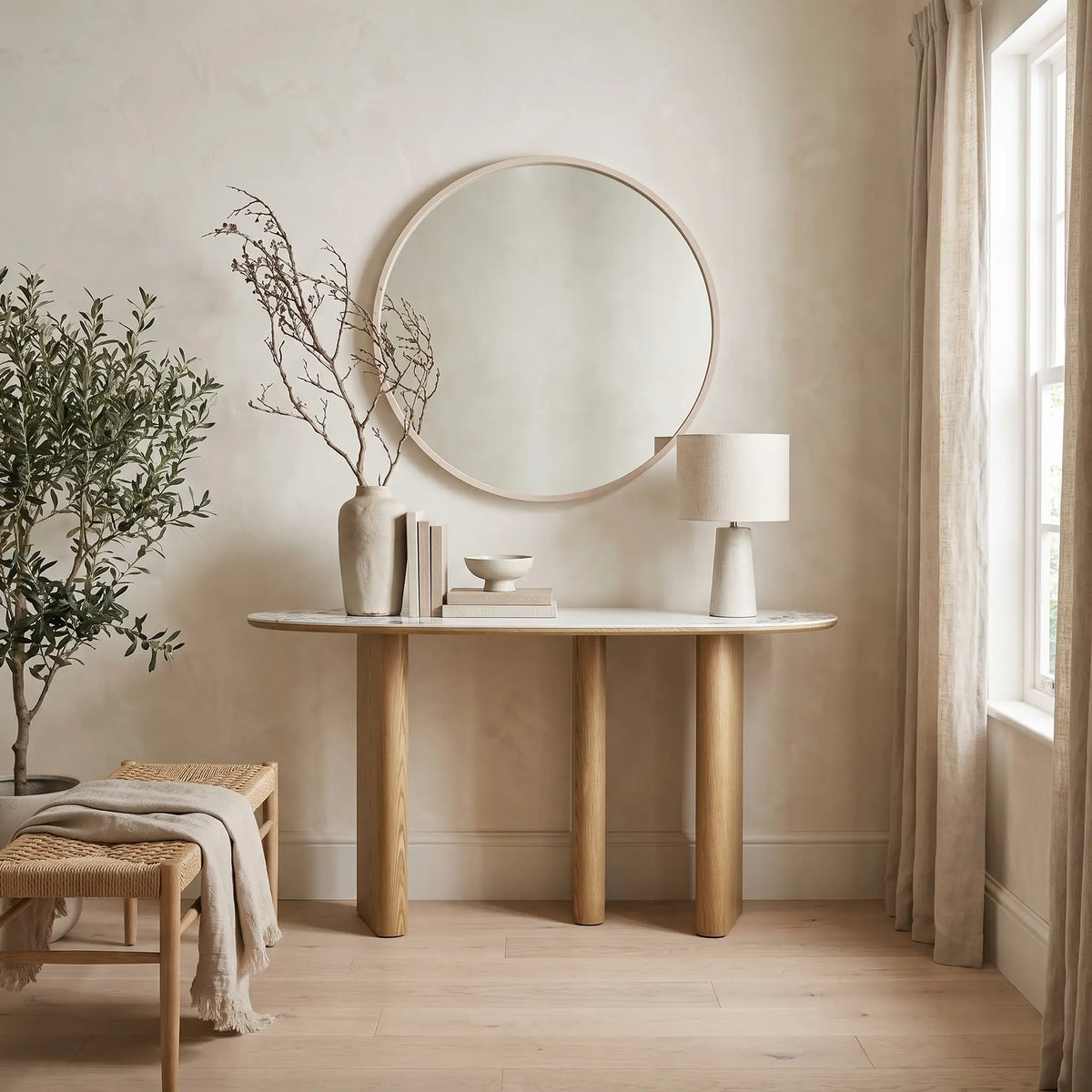 Console Japandi ovale en céramique effet marbre blanc et MDF naturel 150 x 80 cm - Modreyo