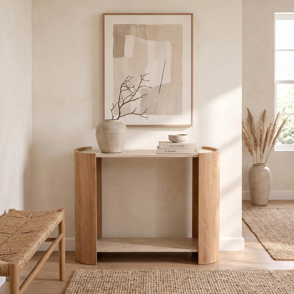 Console Japandi 2 niveaux décor travertin et bois 100 x 80 cm - Izia