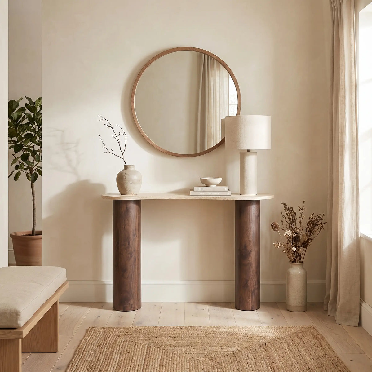 Console Japandi organique en MDF effet travertin beige et naturel foncé 120 x 80 cm - Alozya