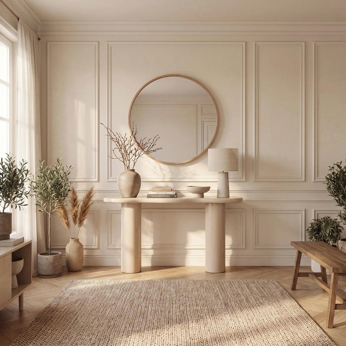 Console Japandi organique à pieds cylindriques en MDF laqué beige 120 x 76 cm - Noboka