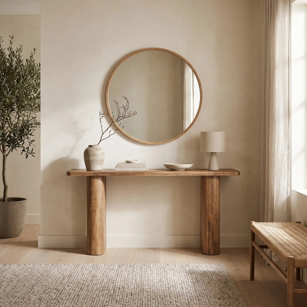 Console Japandi étroite piètement en U en MDF effet bois marron 160 x 80 cm