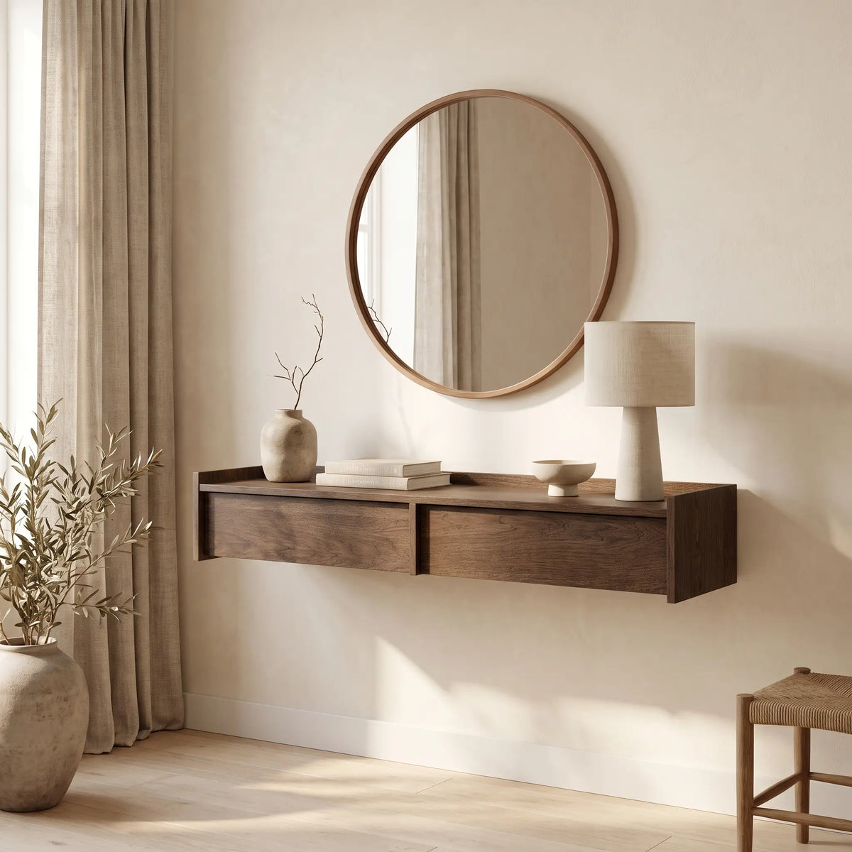 Console Japandi murale 2 tiroirs en bois foncé 105 x 21,5 cm