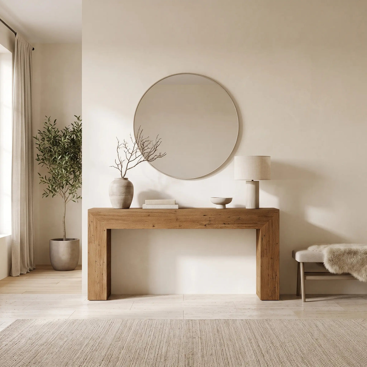 Console Japandi longue en MDF finition bois patiné marron 160 x 80 cm