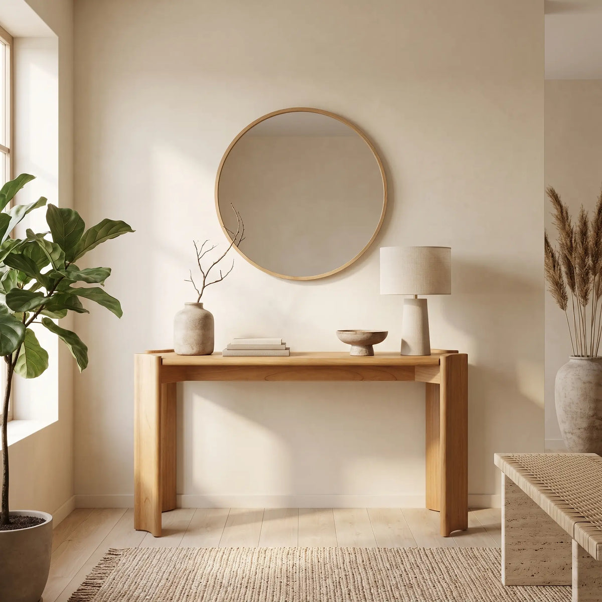 Console Japandi piètement galbé en bois de mindi naturel 164 x 80 cm - Alvar