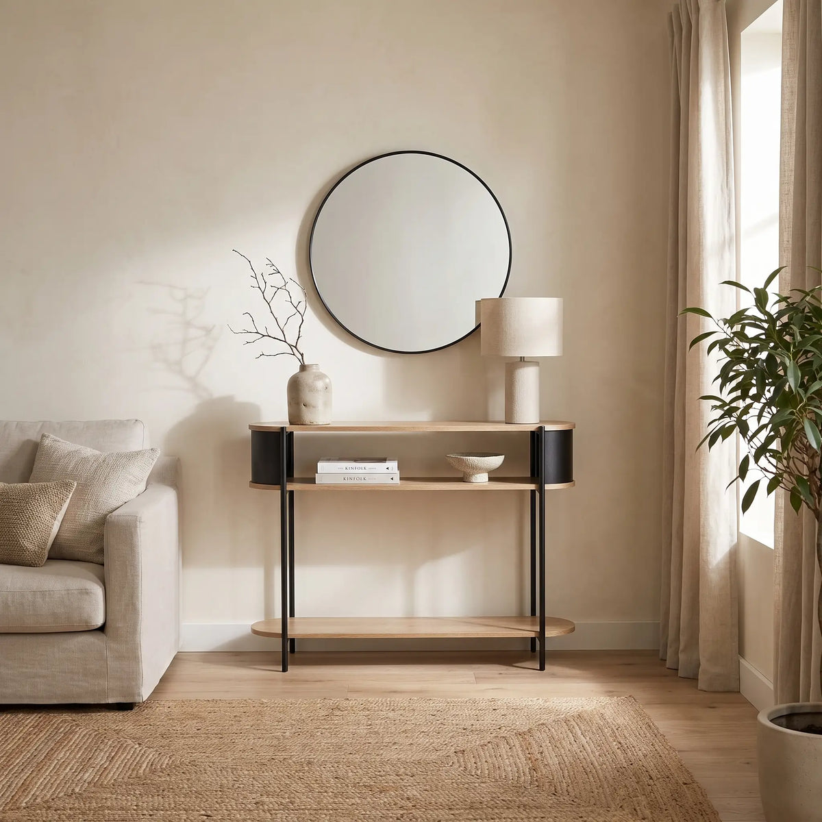 Console Japandi 3 niveaux effet chêne clair et métal noir 100 x 80 cm - Eklo