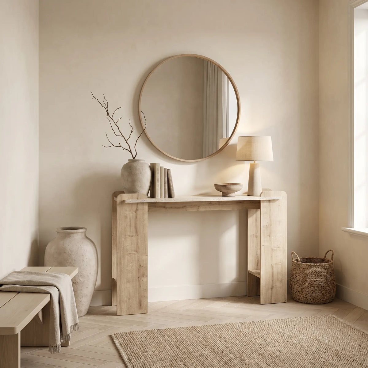 Console Japandi 2 étagères effet travertin beige et naturel clair 130,8 x 76,8 cm - Osenya