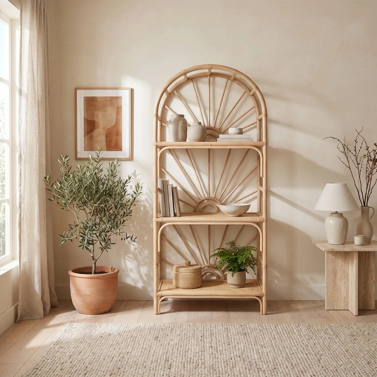 Étagère Japandi 3 tablettes en rotin tressé naturel 73 x 160 cm - Nemeri