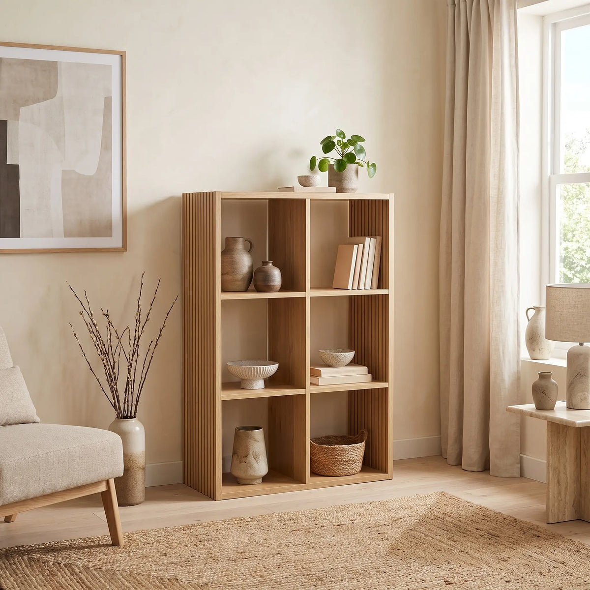 Étagère Japandi 6 cases nervurée naturel 68,5 x 102 cm - Tasso