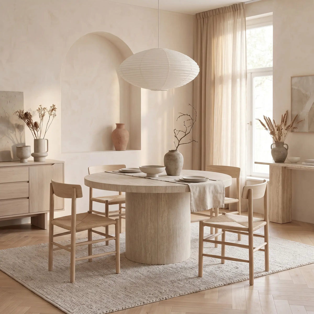 Table à manger ronde Japandi extensible 4 à 12 personnes effet travertin beige Ø 120 cm - Sidrina