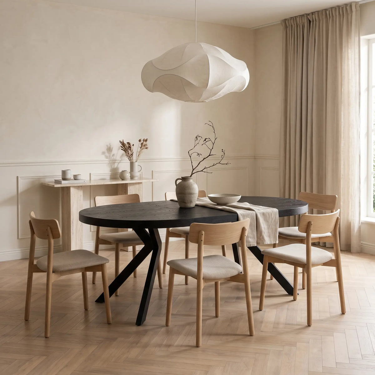 Table à manger Japandi extensible 6 à 12 personnes en MDF et acier noir 150 x 120 cm - Komoni
