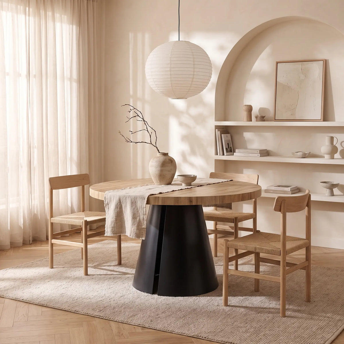 Table à manger ronde Japandi extensible 4 à 12 personnes MDF effet bois clair Ø 120 cm - Jarelia