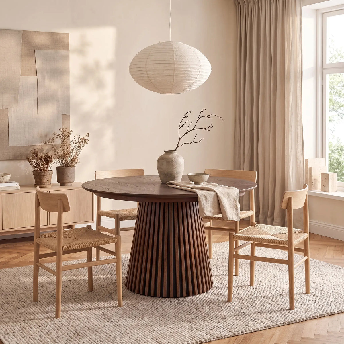 Table à manger ronde Japandi extensible 4 à 8 personnes placage chêne foncé Ø 120 cm - Carmiza