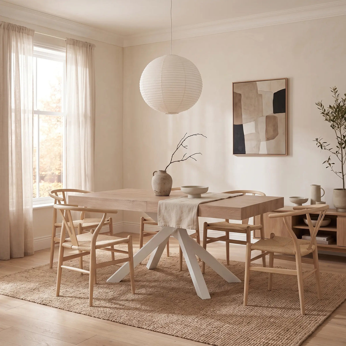 Table à manger Japandi extensible 6 à 10 personnes MDF naturel et métal blanc 160 x 90 cm - Catonav
