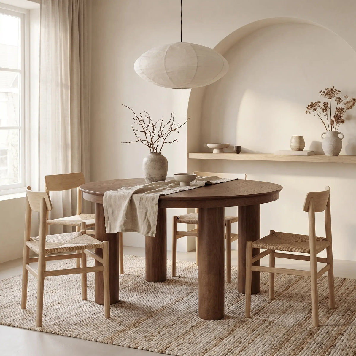 Table à manger ronde Japandi extensible 4 à 8 personnes placage chêne foncé Ø 120 cm - Elitaro