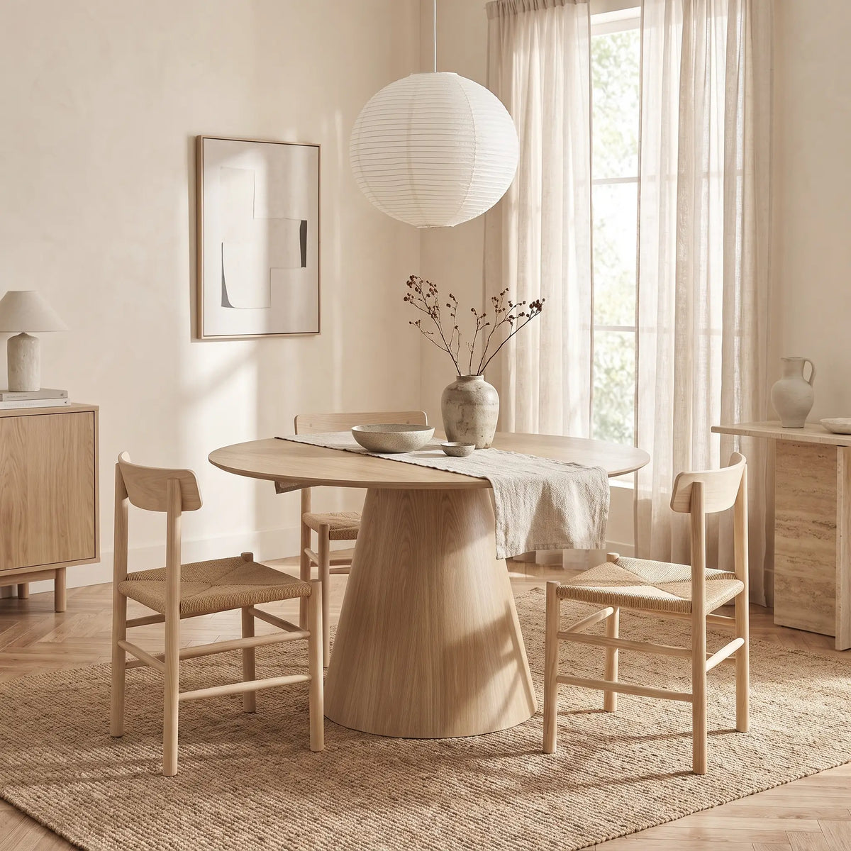 Table à manger ronde Japandi 4 personnes placage frêne naturel clair Ø 120 cm - Antaliza