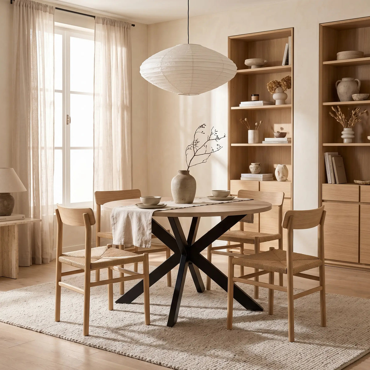 Table à manger ronde Japandi 4 personnes MDF chêne et métal noir Ø 120 cm - Tilki