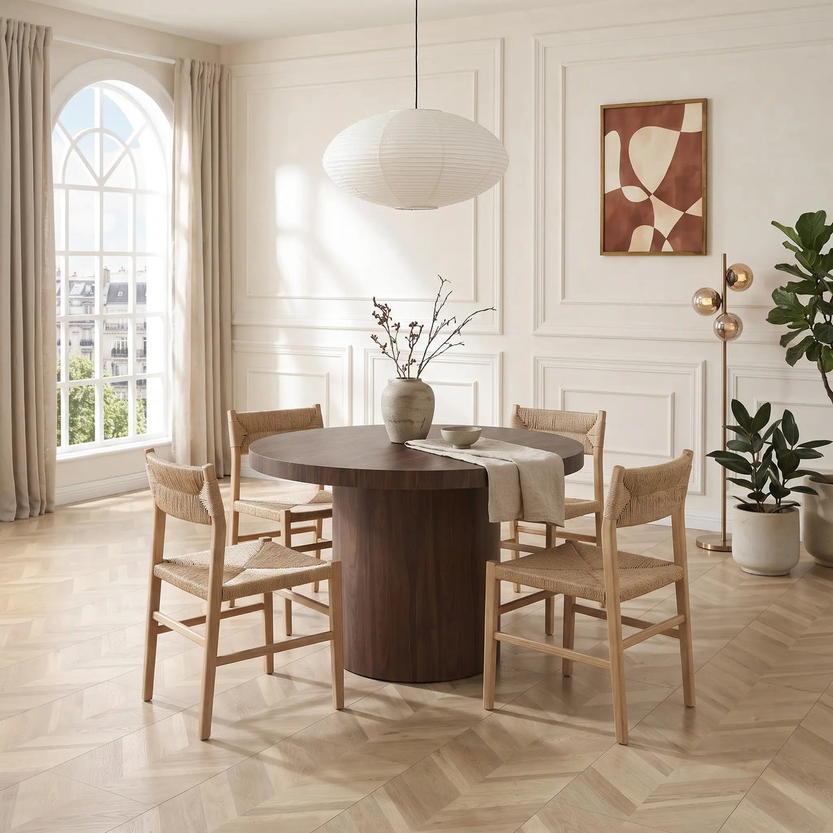 Table à manger ronde Japandi extensible 4 à 12 personnes en MDF naturel foncé Ø 120 cm - Sidrina