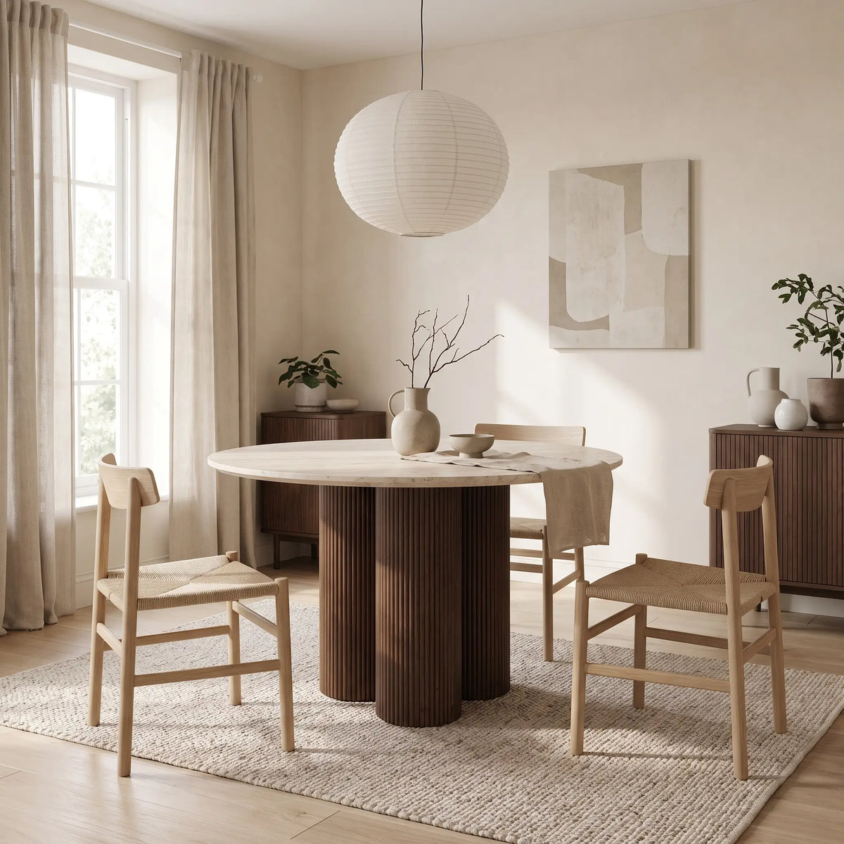 Table à manger ronde Japandi 4 personnes céramique effet travertin et noyer Ø 110 cm - Mia