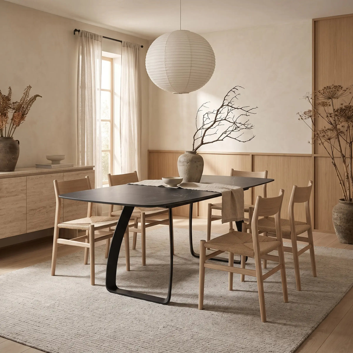 Table à manger Japandi extensible 8 à 10 personnes céramique effet marbre noir 180 x 90 cm - Dahlia