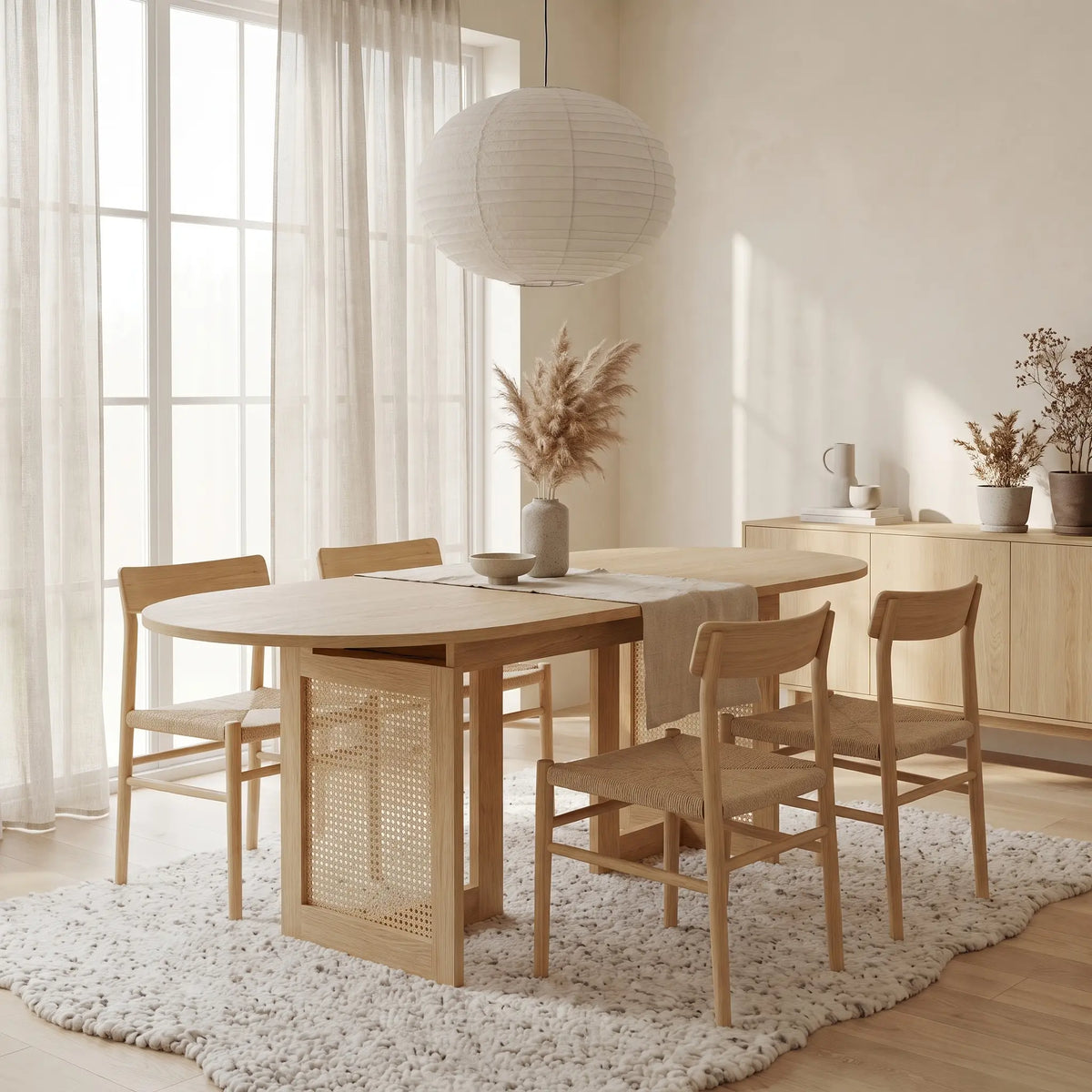 Table à manger ovale Japandi extensible 6 à 8 personnes en MDF chêne et effet rotin 150 x 90 cm
