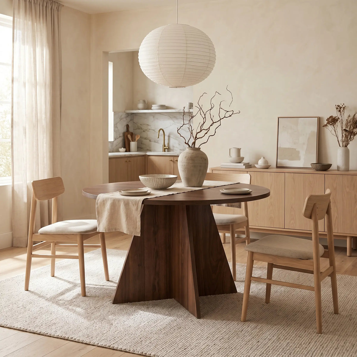 Table à manger ronde Japandi 6 personnes en aggloméré mélaminé naturel foncé Ø 120 cm - Virella