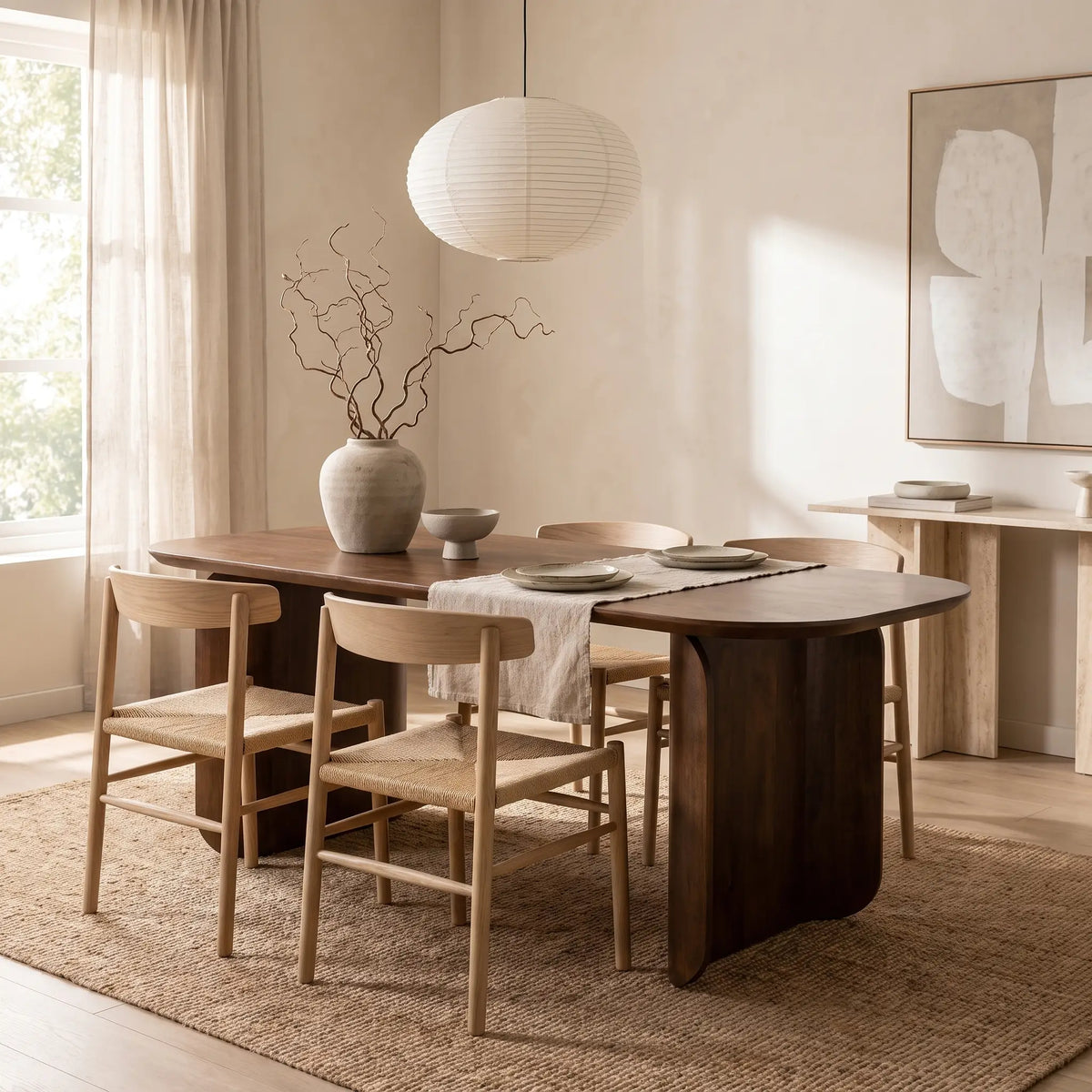 Table à manger Japandi 8 personnes en bois de manguier massif foncé 200 x 90 cm - Dumai
