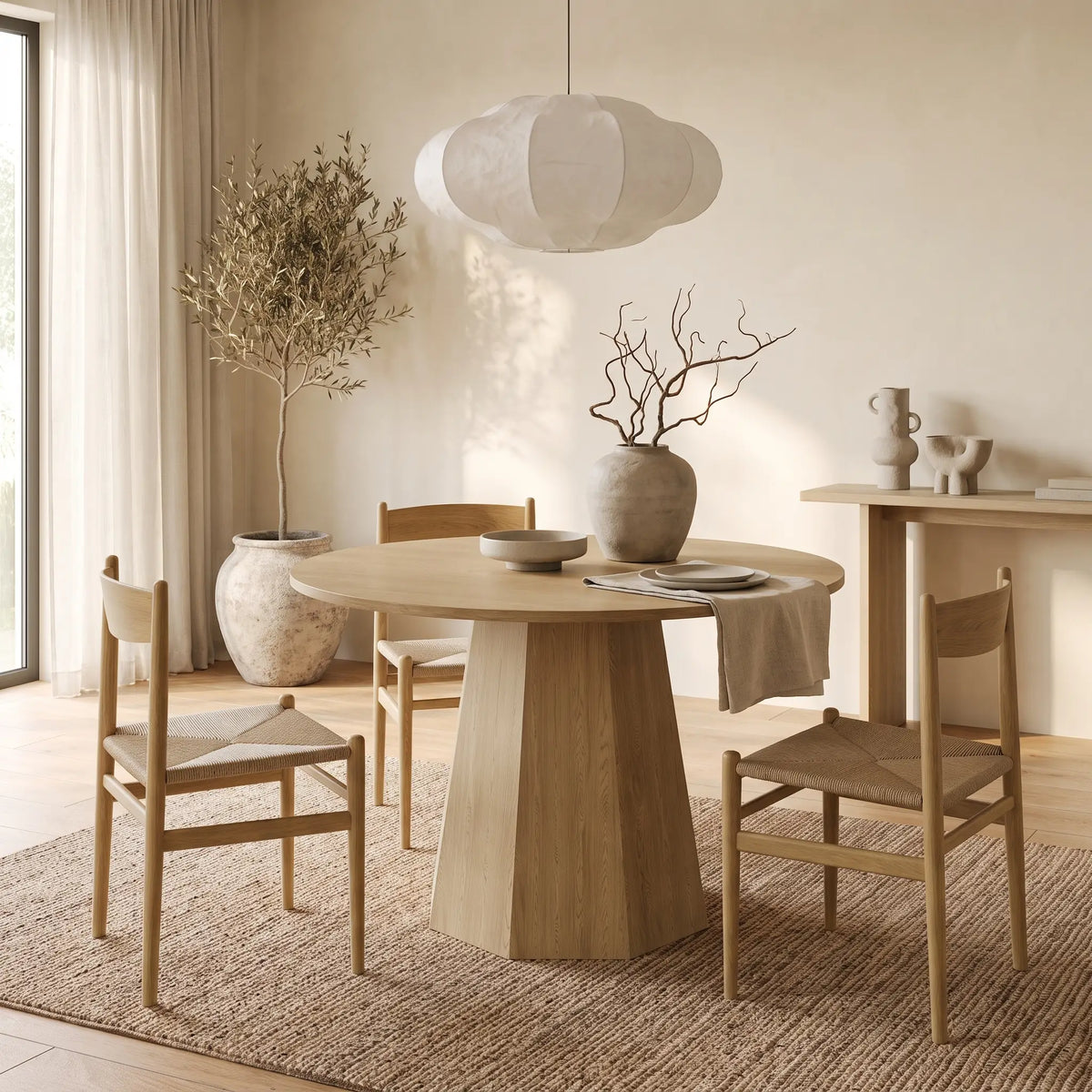 Table à manger ronde Japandi 4 à 6 personnes en MDF naturel Ø 120 cm