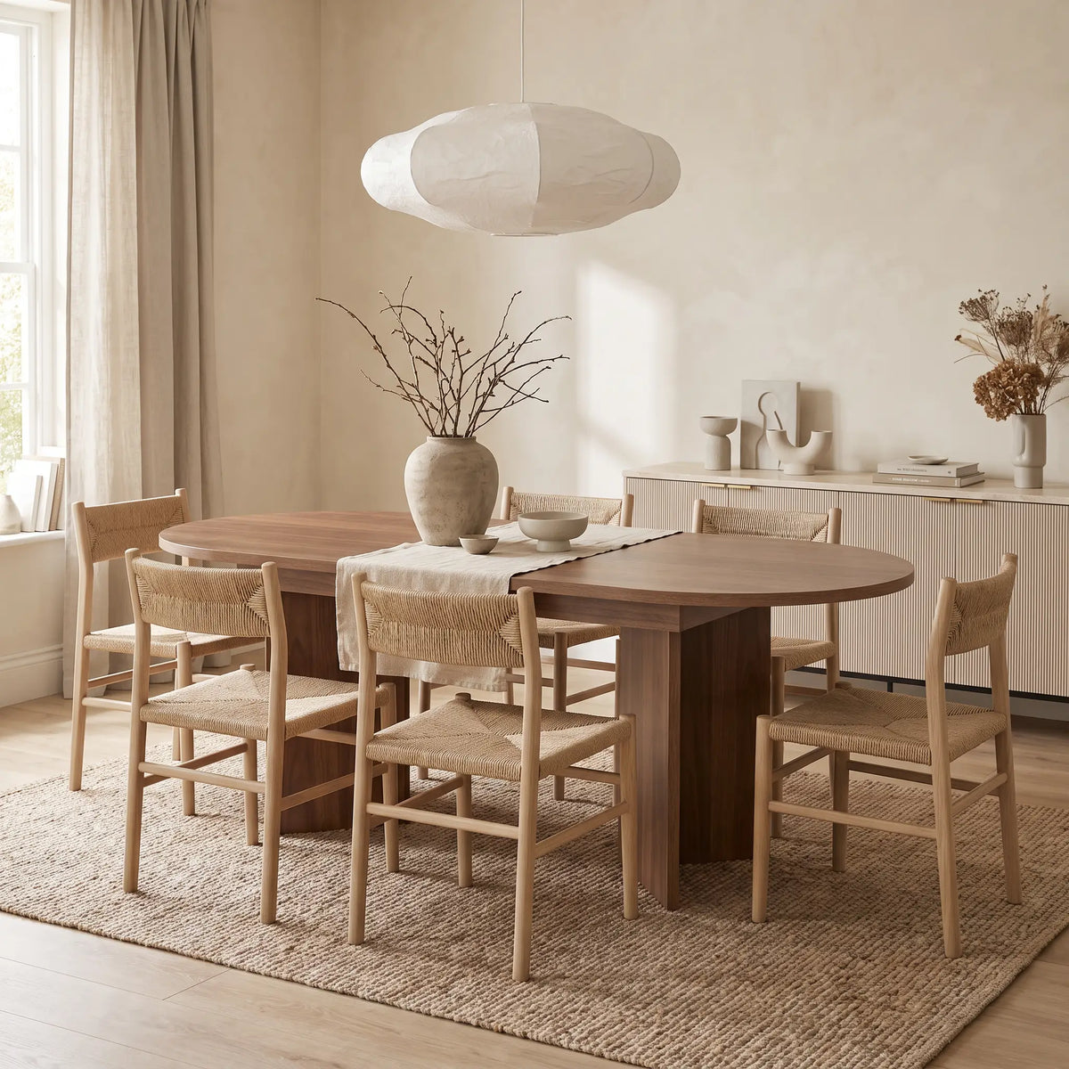Table à manger ovale Japandi extensible 6 à 8 personnes en MDF marron 140 x 90 cm