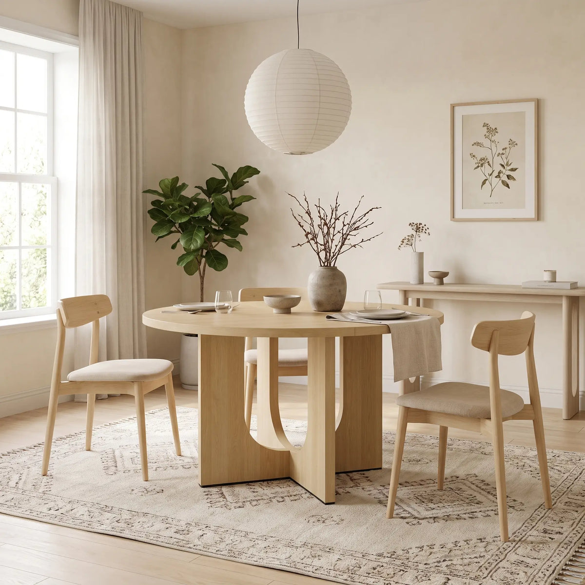 Table à manger ronde Japandi 4 à 6 personnes en MDF chêne Ø 120 cm