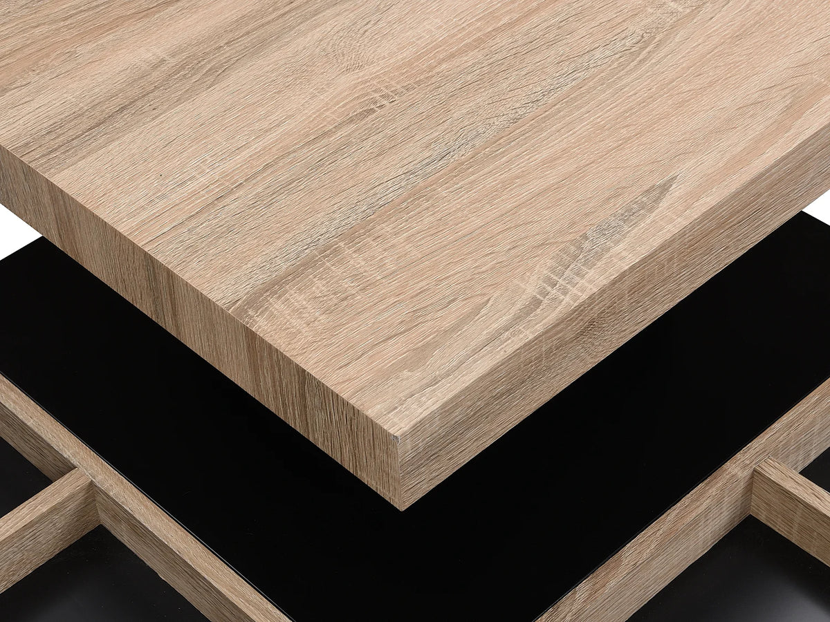Table basse Japandi carrée à plateau pivotant en MDF laqué noir et naturel 80 x 80 cm - Fausto