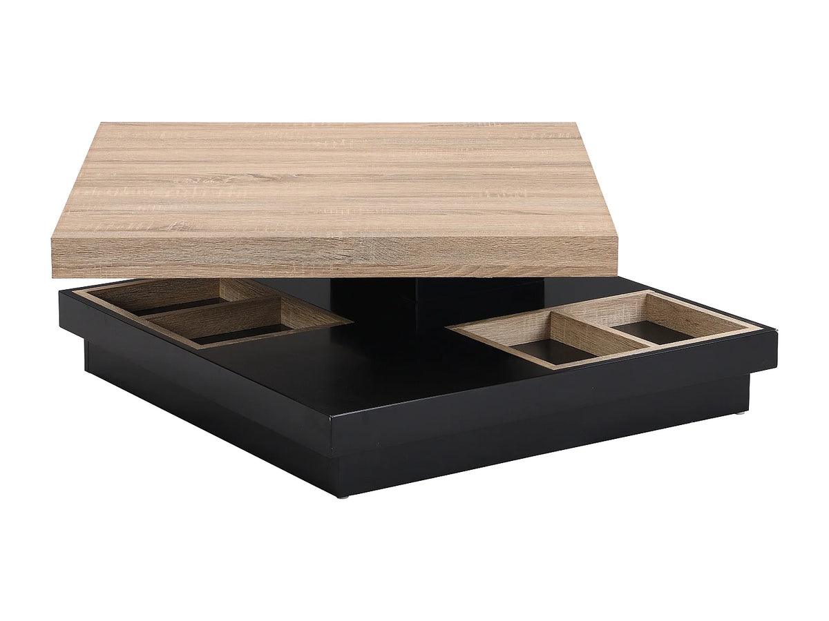 Table basse Japandi carrée à plateau pivotant en MDF laqué noir et naturel 80 x 80 cm - Fausto