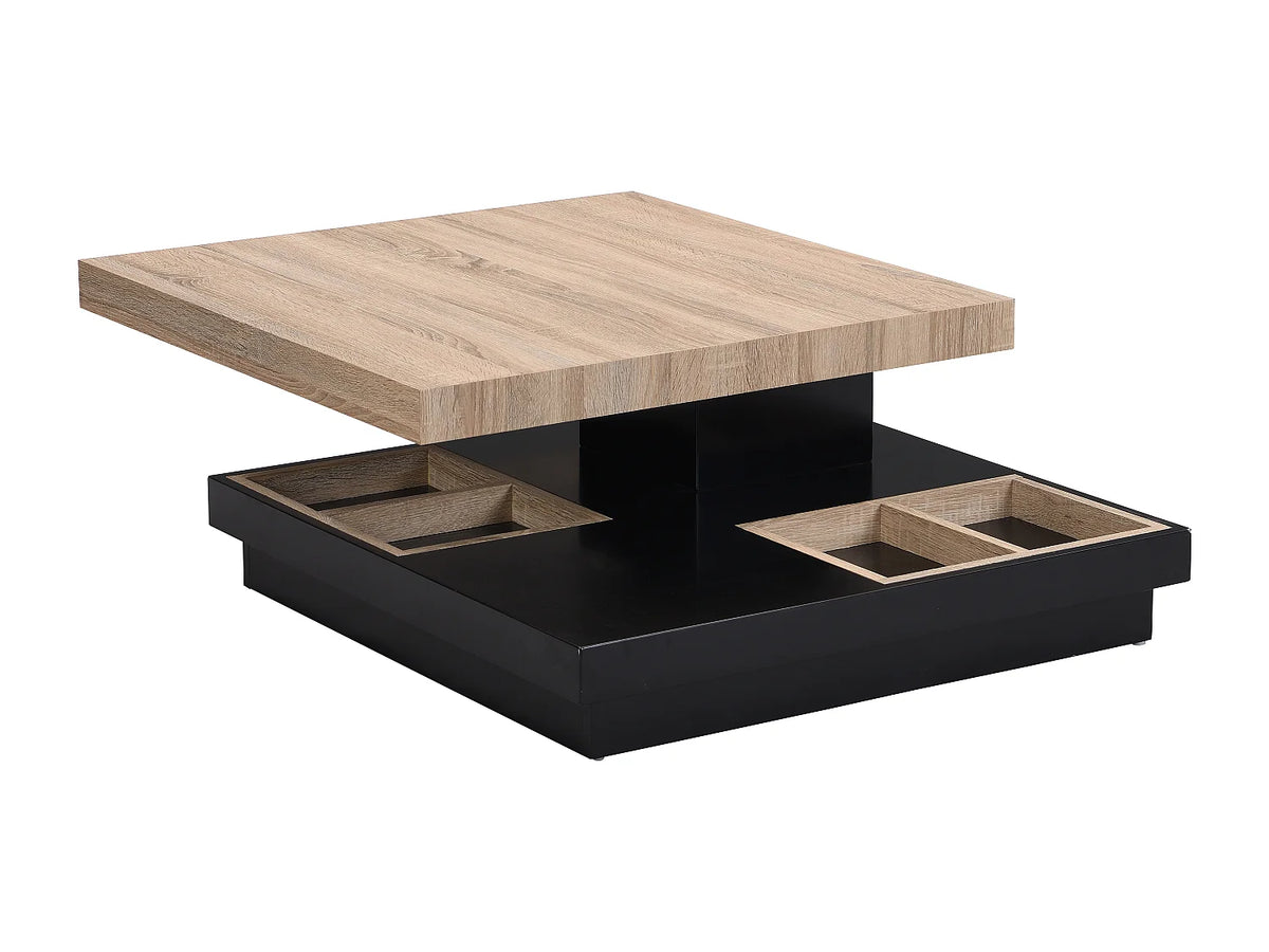 Table basse Japandi carrée à plateau pivotant en MDF laqué noir et naturel 80 x 80 cm - Fausto