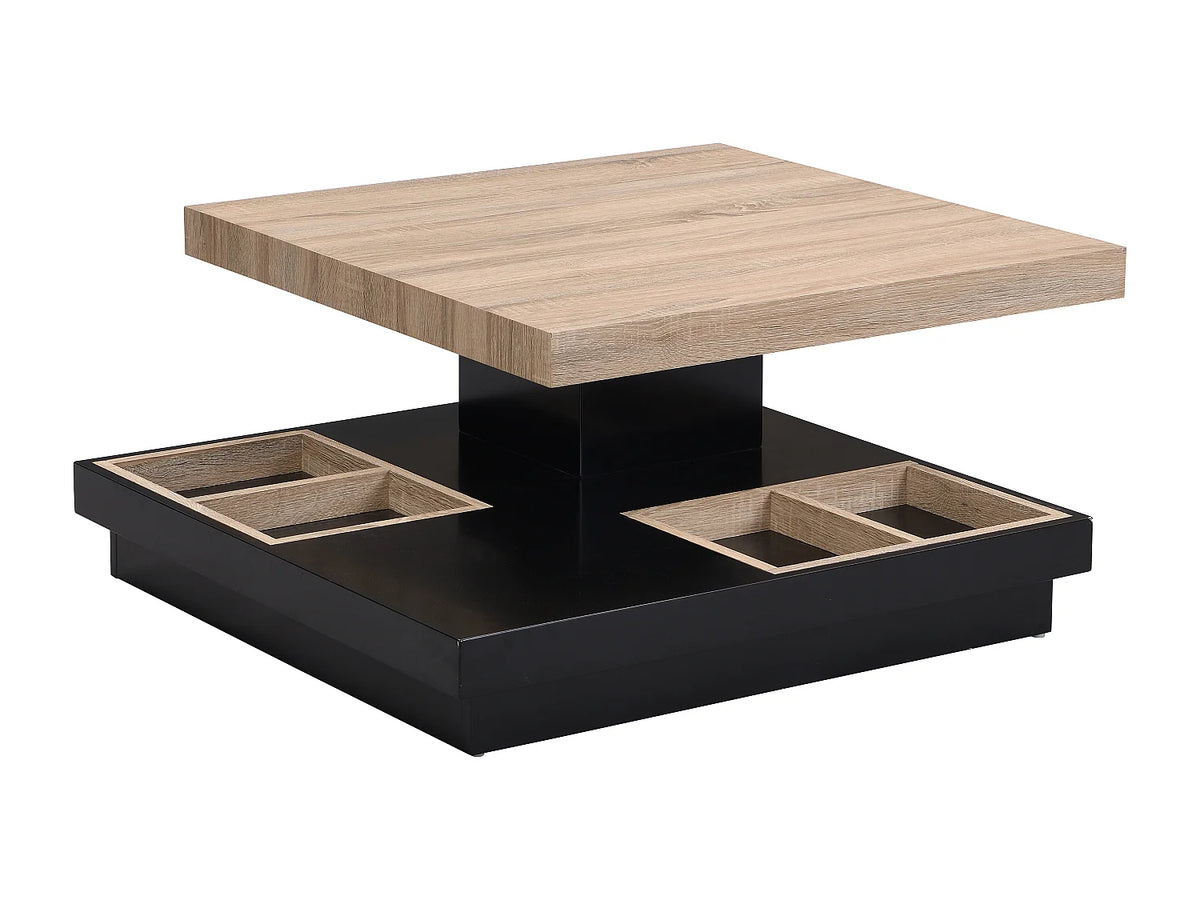 Table basse Japandi carrée à plateau pivotant en MDF laqué noir et naturel 80 x 80 cm - Fausto