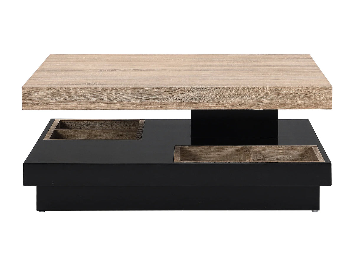 Table basse Japandi carrée à plateau pivotant en MDF laqué noir et naturel 80 x 80 cm - Fausto