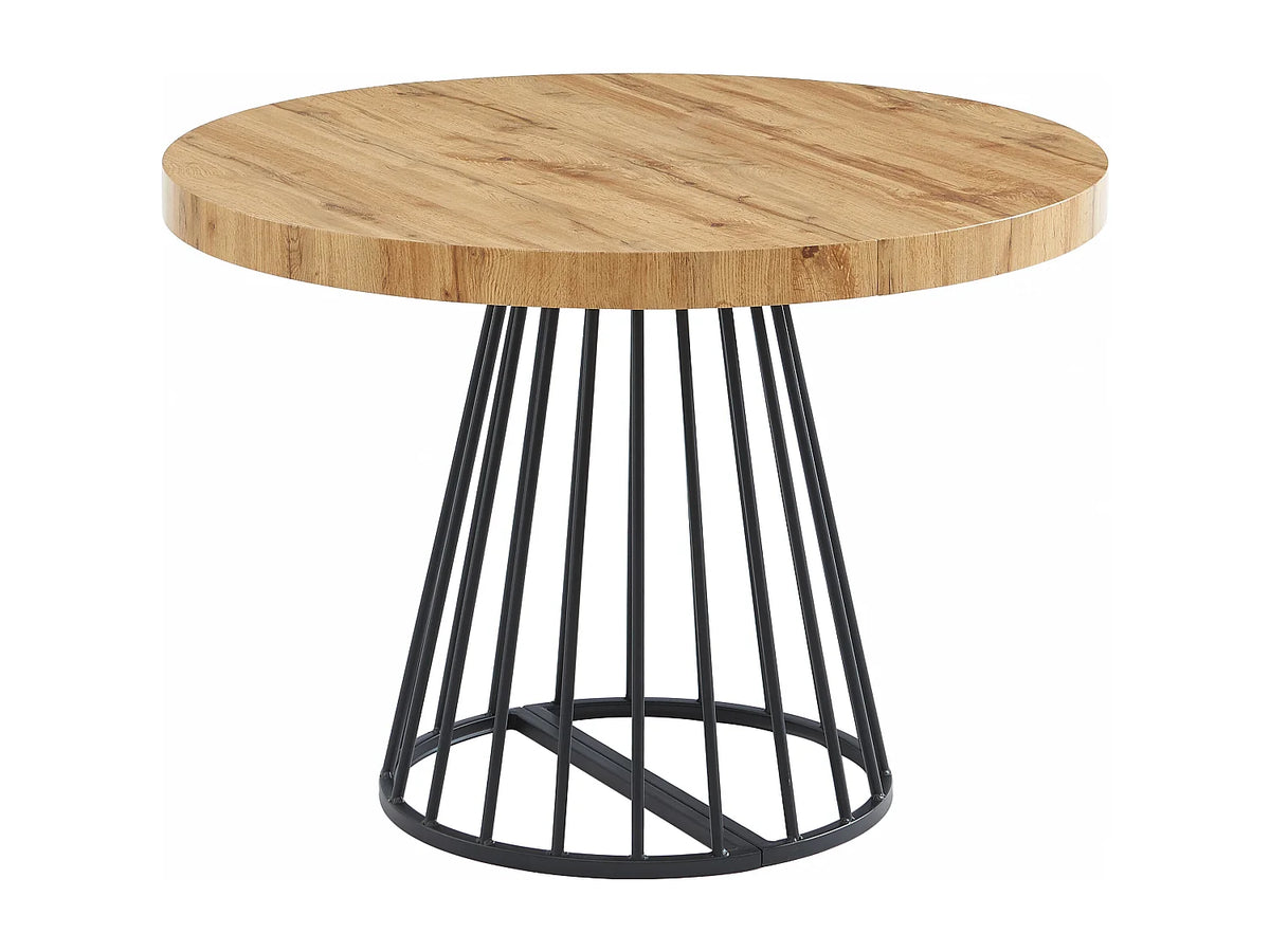 Table à manger ronde Japandi extensible 2 à 12 personnes MDF naturel, acier noir Ø 110 cm - Firela